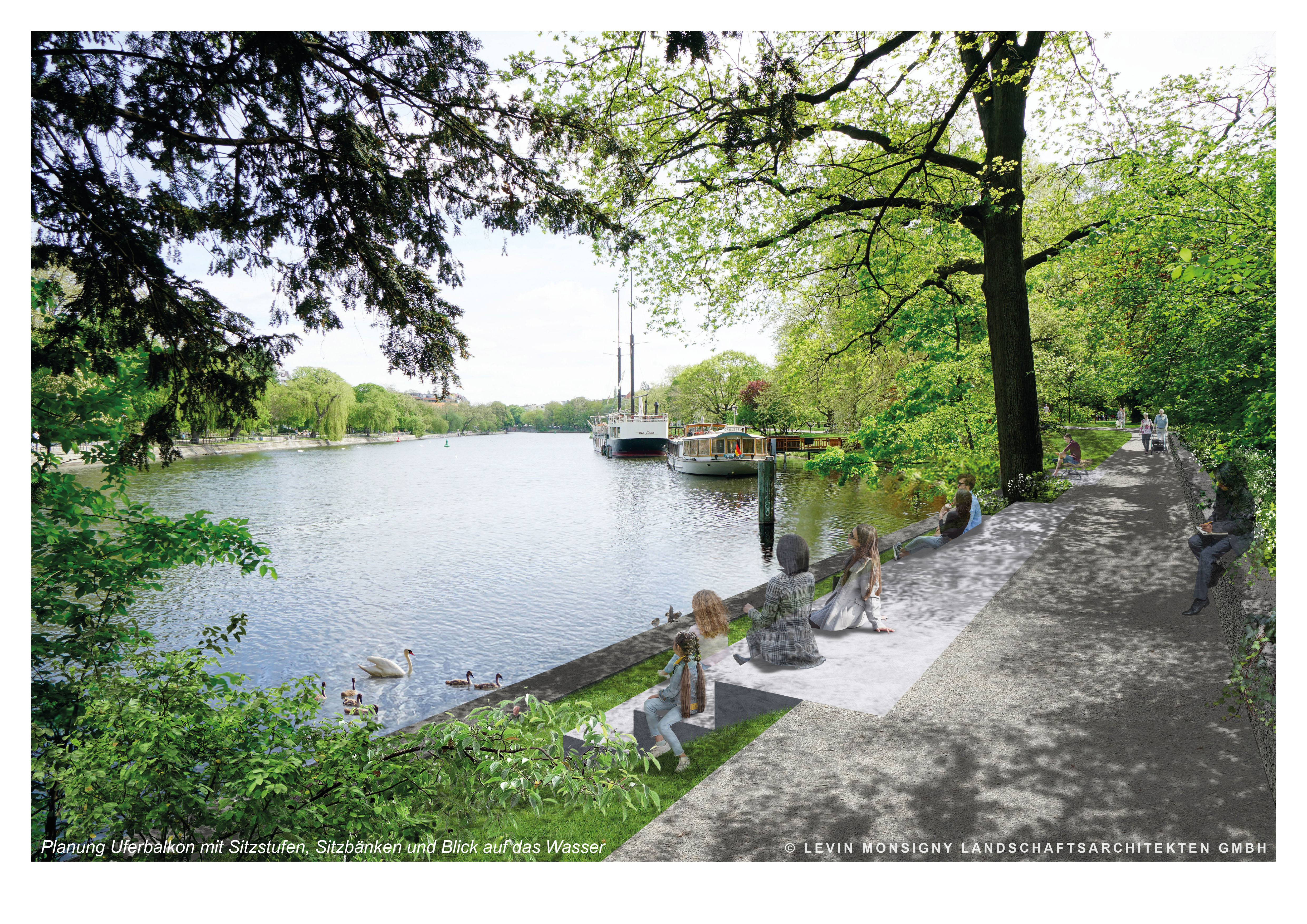 Planung Uferbalkon mit Sitzstufen, Sitzbänken und Blick auf das Wasser