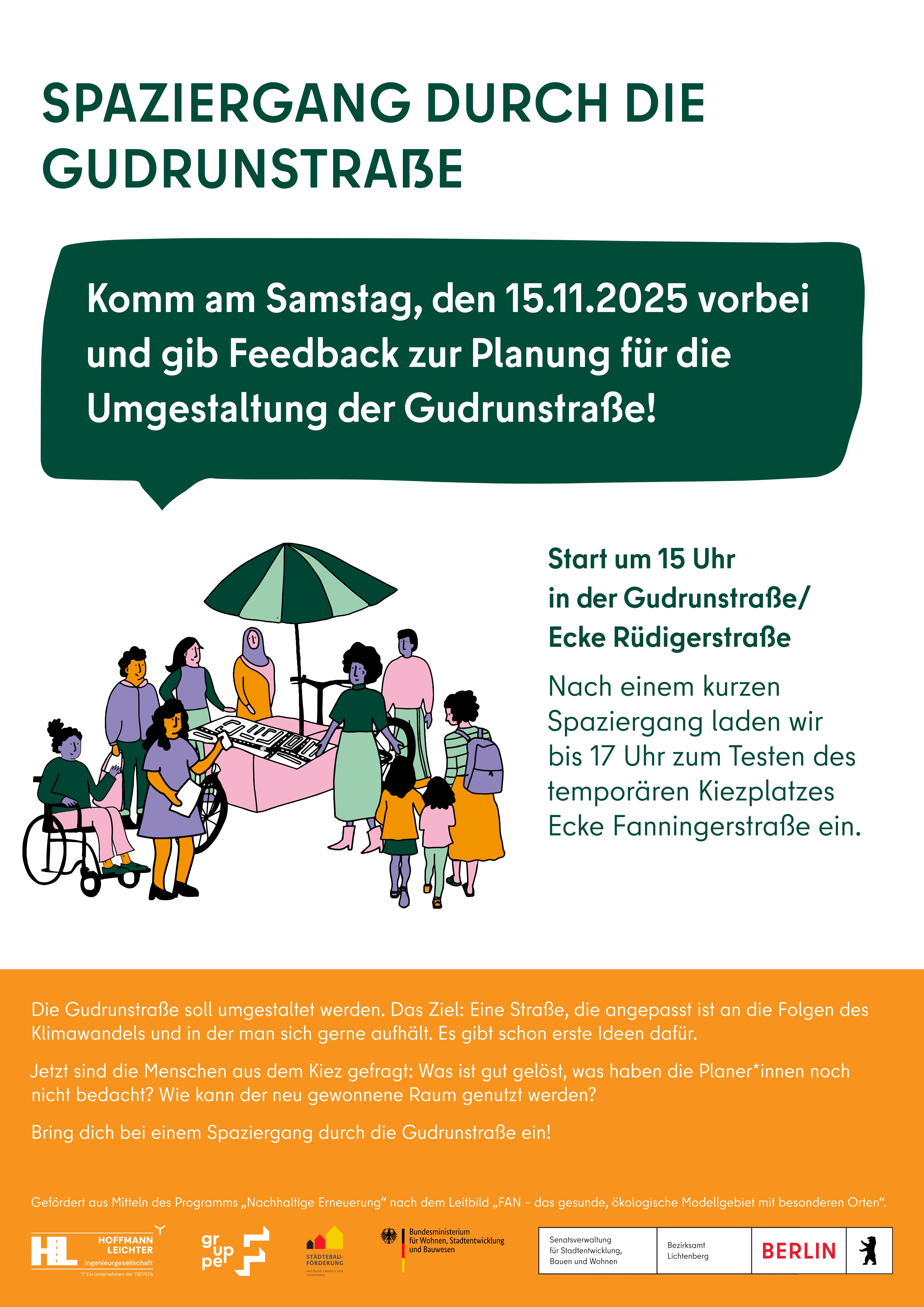 buntes Veranstaltungsplakat mit Informationen zu Uhrzeit und Ort der Veranstaltung