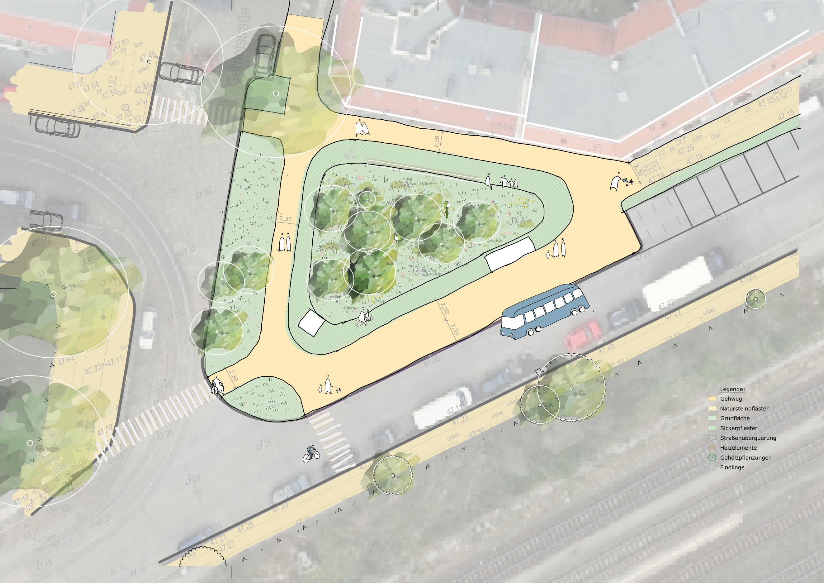 Beispielhafte Darstellung der Neugestaltung des Platzes an der Fanningerstraße / Gudrunstraße