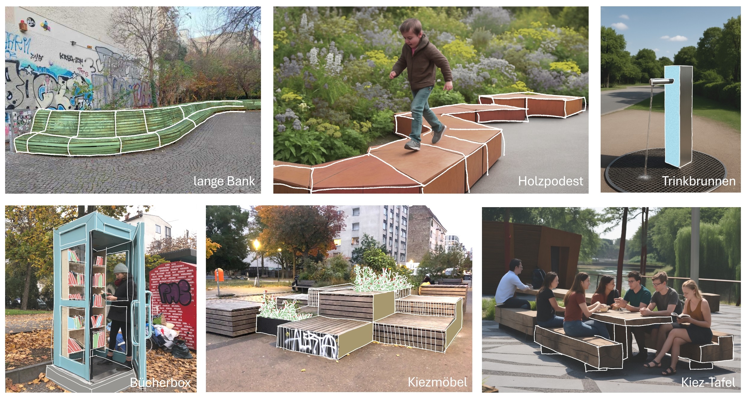 verschiedene Beispiele für die Ausstattung des Platzes (lange Bank, Holzpodest, Trinkbrunnen, Bücherbox, Kiezmöbel, Kiez-Tafel)