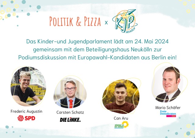 Flyer für Politik und Pizza mit 4 Europa-Wahl Kandidat*innen