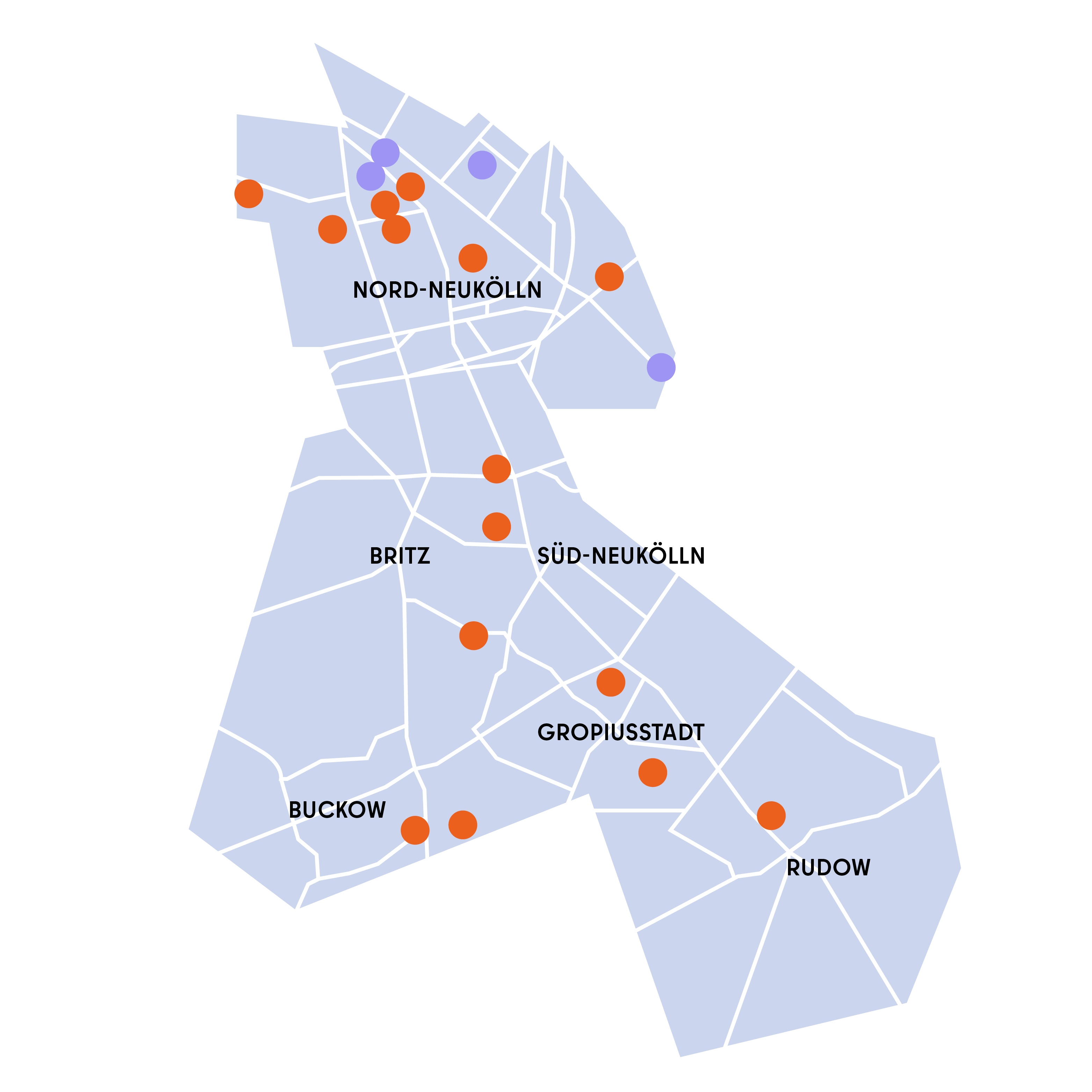 Karte von Neukölln mit markierten Standorten der Langen Tafeln