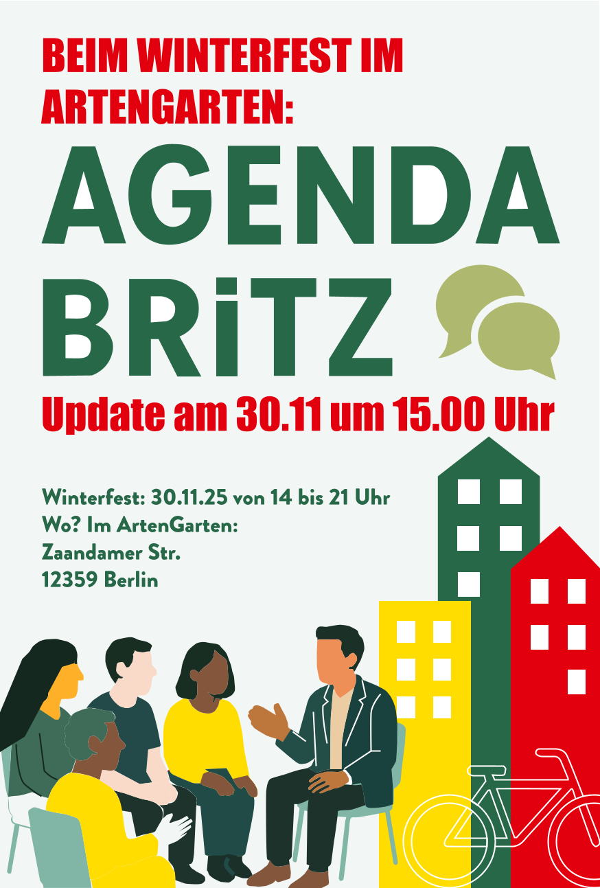 Flyer mit Schriftzug und Menschen und Häusern drauf