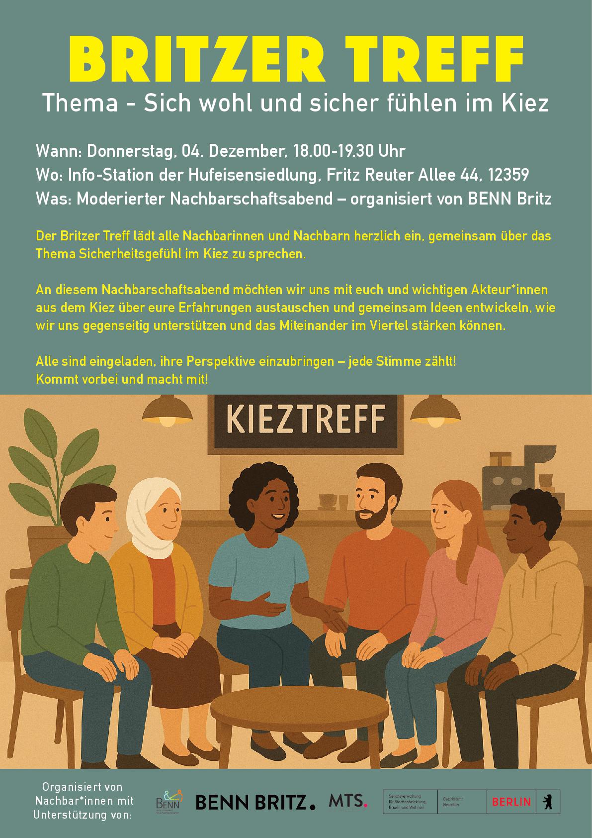 Plakat für Britzer Treff am 4.12. zum Thema Sicherheit