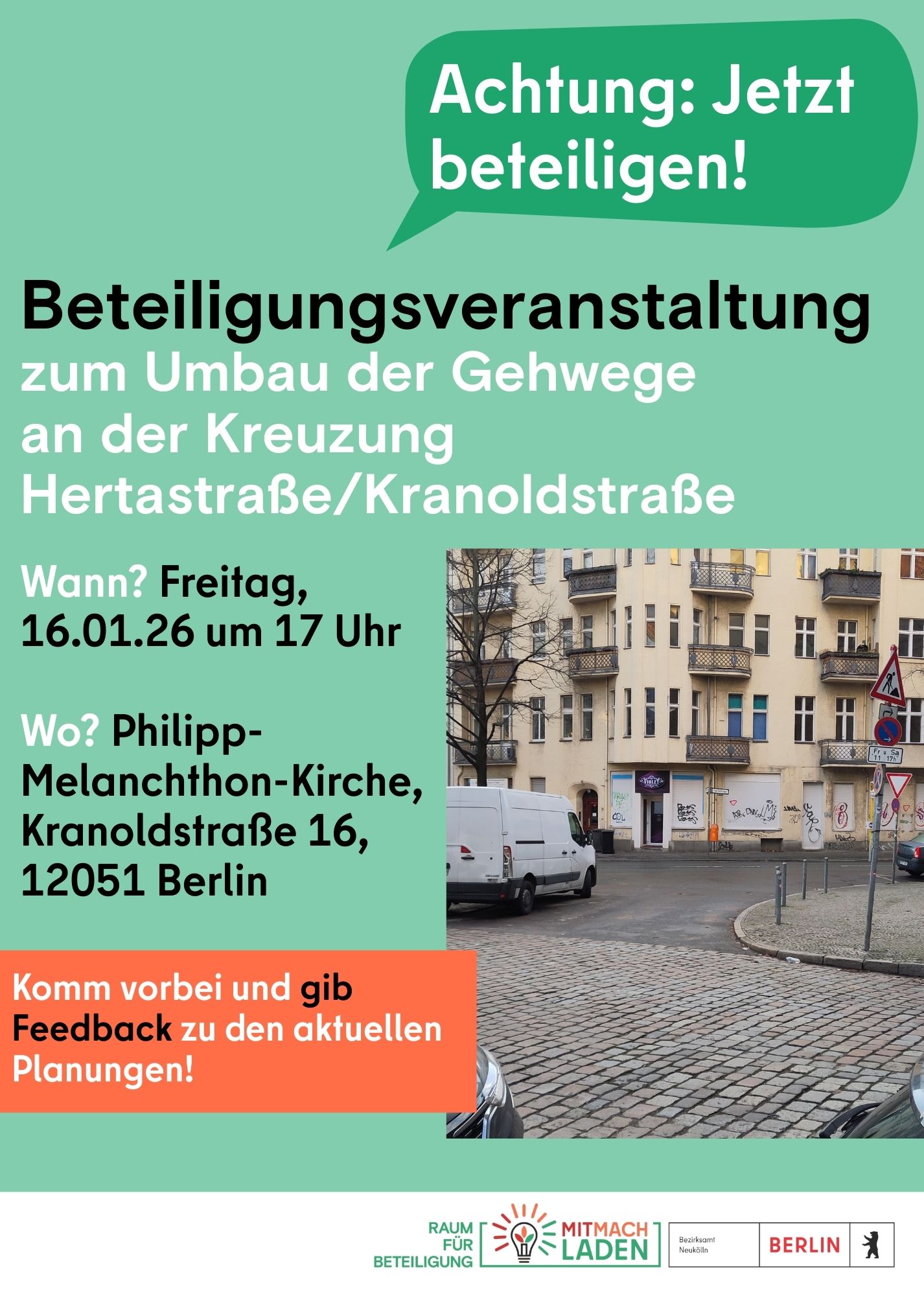 Plakat mit Kreuzung Hertastraße und Hinweis auf Beteiligungsveranstaltung am 16.1.25