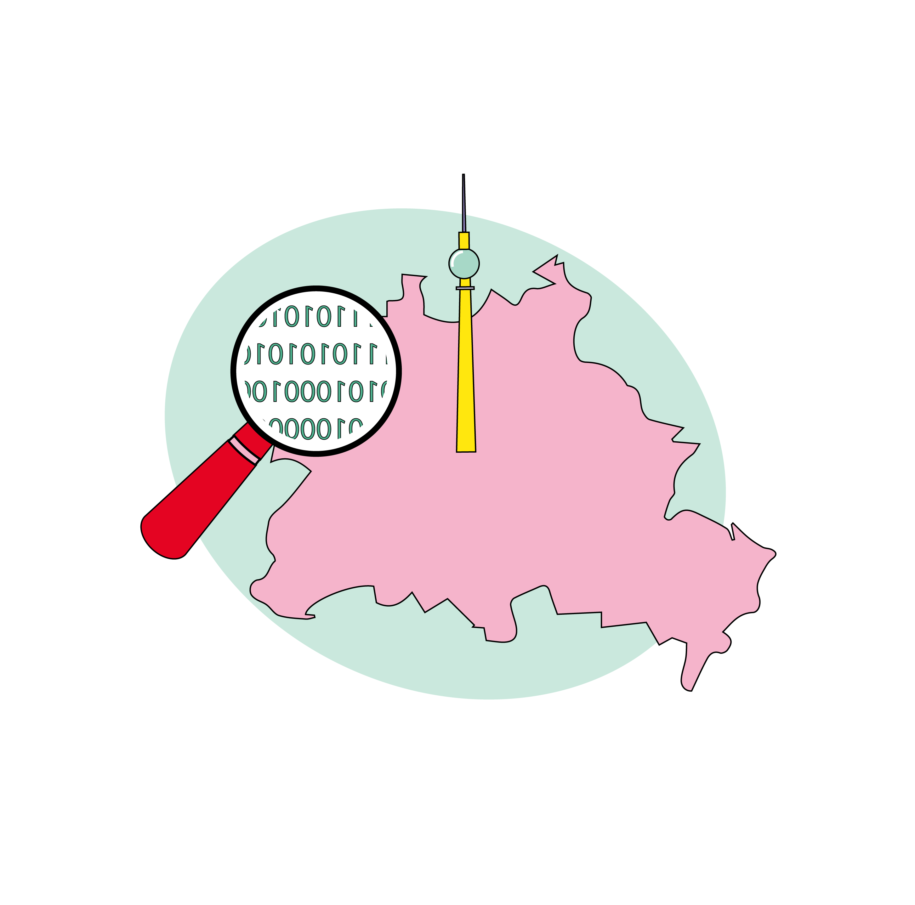 Grafik einer Berlin-Karte mit Fernsehturm, eine Lupe zoomt auf 0en und 1en