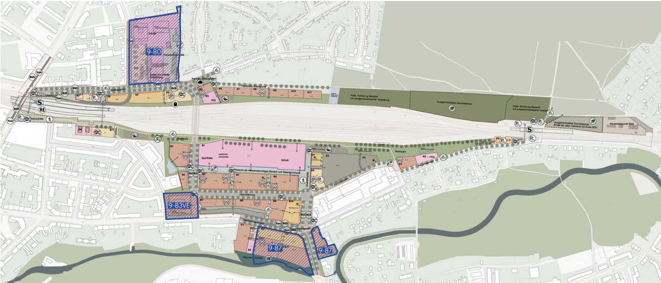 Im Verfahren befindliche Bebauungspläne © Rahmenplangrundlage: ADEPT+ Partner, Grafik: UrbanPlan