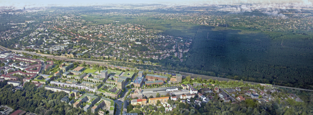 Visualisierung des städtebaulichen Testentwurfs © ADEPT und Karres en Brands, Luftbild: Dirk Laubner