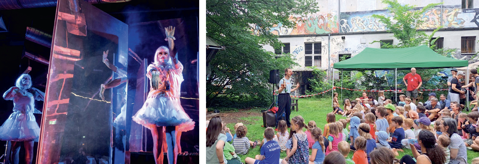 Veranstaltung „Alice – ein Punkquartett“ im ABC © Team ABC (links) | Kindertag im Garten des ABC © Jan Bloch – ABC (rechts)