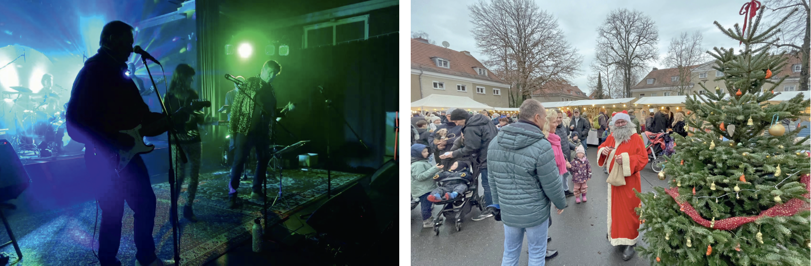 Jahresabschlusskonzert „Ulli und die grauen Zellen“ im ABC © Team ABC  (links) | Nachbarschaftsmarkt 3. Weihnachtszauber des Wolf & Else e. V. © UrbanPlan (rechts)