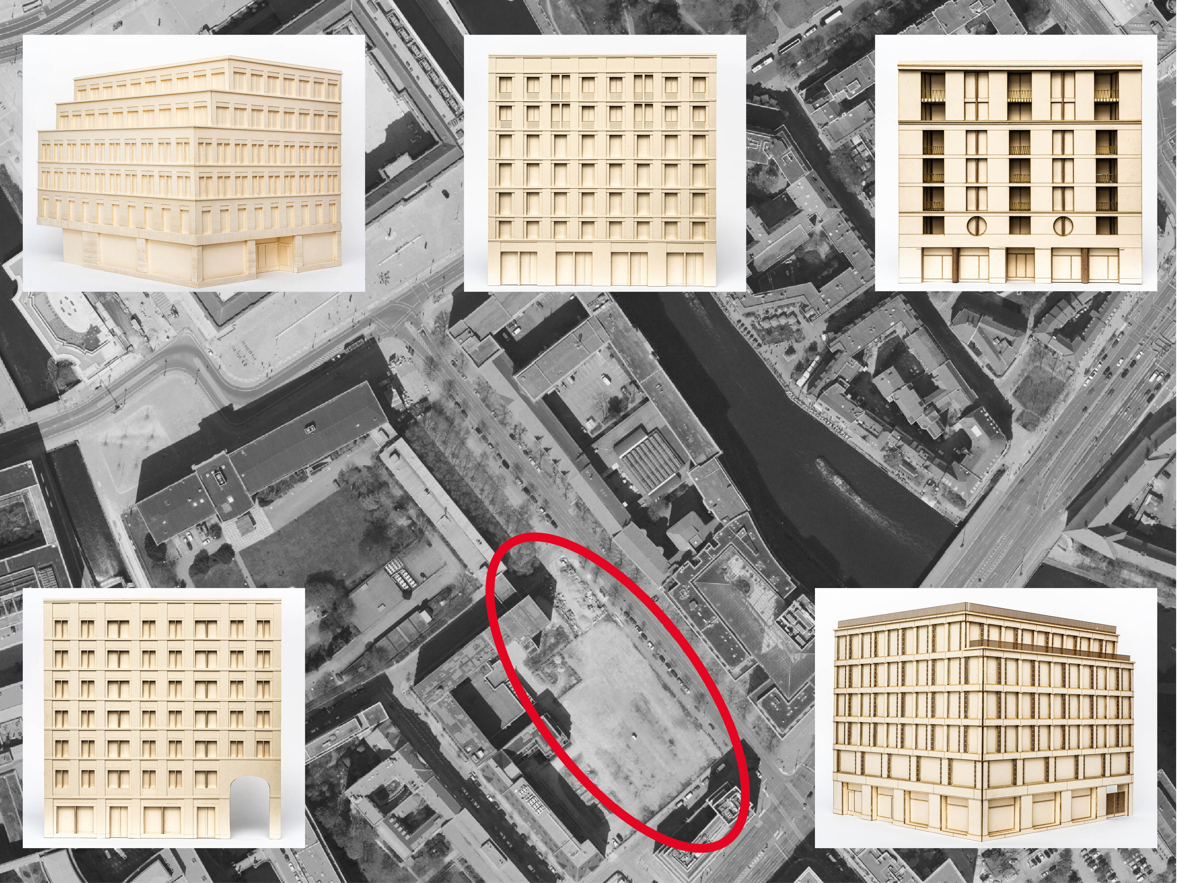 Luftbild mit Modellfotos der fünf erstprämierten Arbeiten