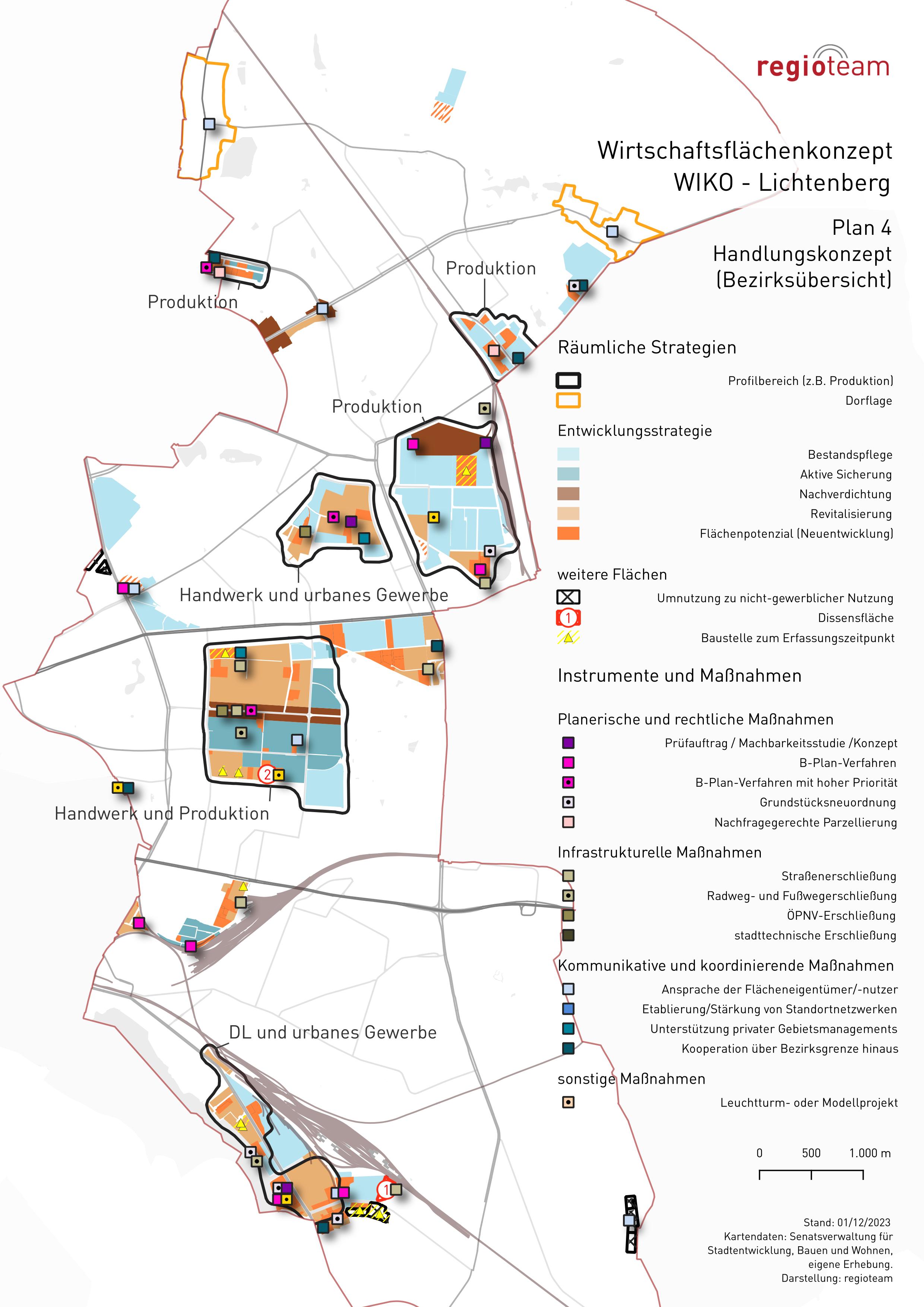 Handlungskonzeptplan des Wirtschaftsflächenkonzepts Lichtenberg mit Darstellung räumlicher Strategien sowie Instrumenten und Maßnahmen zu ihrer Umsetzung. 