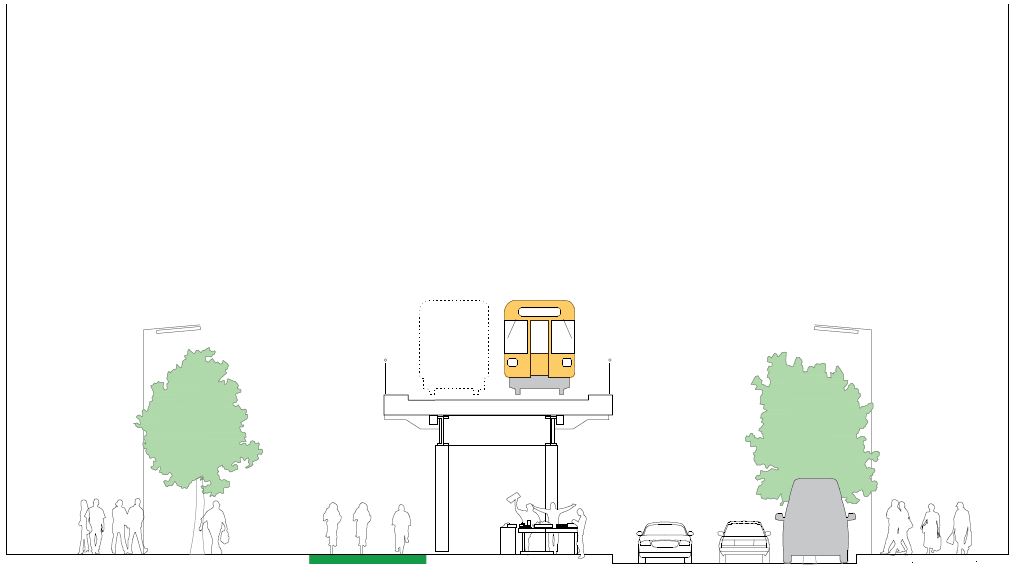 Der Plan zeigt die Aufteilung des Straßenraums.  Von links nach rechts: Gehweg, Radverkehrsanlagen, zwei Fahrstreifen für den Kfz-Verkehr in beide Richtungen, Lieferzone, Gehweg.